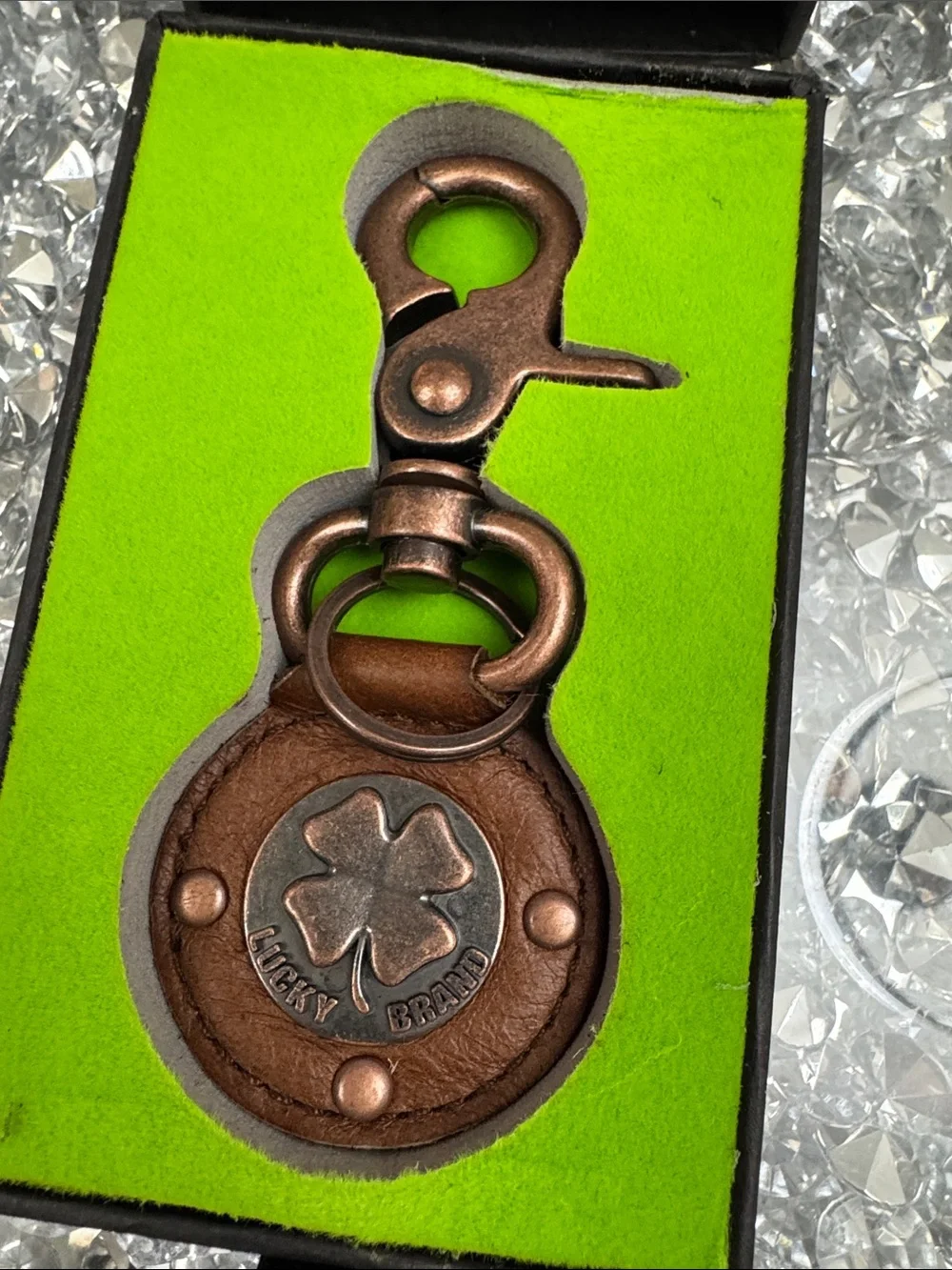 Lucky Brand Brown Leather Clover Key Chain with Antiqued Copper Hardware NEW